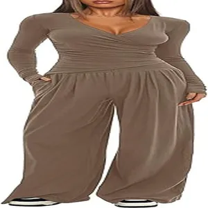 Close-up detail of women's brown V-neck long-sleeve top and wide-leg pants lounge set