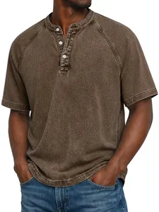 Macro view of vintage washed brown cotton henley shirt with three-button placket