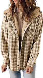 Close-up of women's plaid hooded jacket featuring warm fleece lining and chest pockets