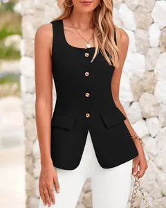 Close-up of stylish black square neck sleeveless vest top with gold buttons detail