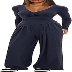 Full view of women's two-piece casual set with V-neck wrap top and wide-leg trousers