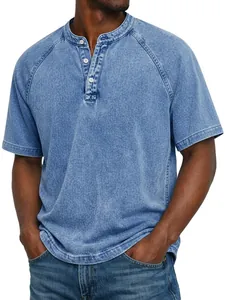 Detail shot of the vintage washed blue cotton Henley t-shirt with three-button placket.