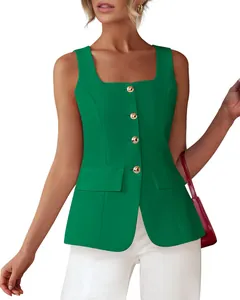 Front detail of a chic emerald green square neck sleeveless vest with gold buttons