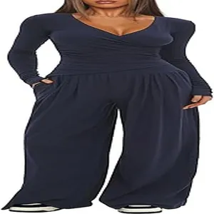 Dark navy long sleeve V-neck wrap top and wide leg trousers set for women