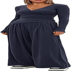 Elegant navy blue two-piece lounge set featuring wrap V-neck top and cozy wide-leg pants.