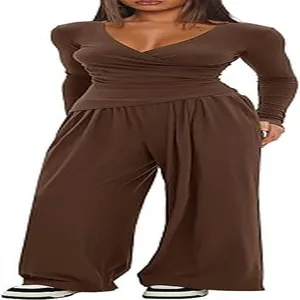 Brown two-piece set featuring a long-sleeve V-neck wrap top and matching wide-leg trousers.