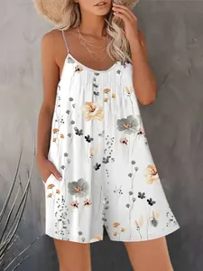 Women's Casual Spaghetti Strap V-Neck Floral Print Romper Summer Sleeveless Straight Leg Jumpsuit With Pockets Loose Beach Jumpsuit