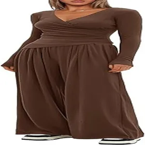 Elegant brown two-piece set featuring V-neck long sleeve wrap top and wide leg pants