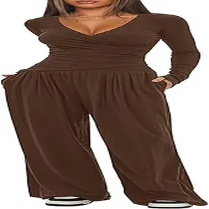 Women's 2 piece lounge set with V-neck long sleeve top and brown wide leg pants.