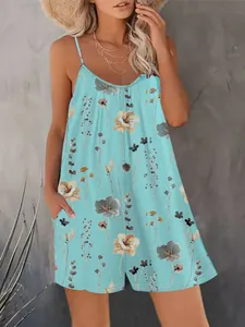 Stylish light blue floral print sleeveless V-neck romper with pockets for women.