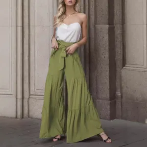 Eleganti pantaloni a gamba larga a vita alta plissettati verde oliva con cintura