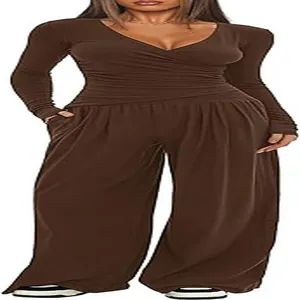 Women's chic dark brown V-neck long sleeve top and wide-leg pants set