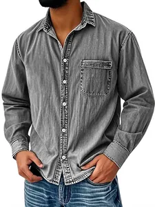 Men's vintage washed grey denim shirt with long sleeves and front pocket workwear style