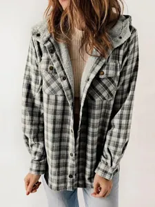 Women Casual Plaid Fleece Lined Hooded Jacket Loose Thick Woolen Checked Outerwear Button Up Shacket Coat With Pockets Top