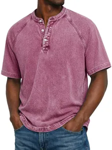 Close-up detail of a retro distressed washed cotton Henley shirt in burgundy red