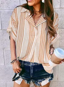 Casual V-neck striped Polo shirt for women with loose short sleeves for summer wear