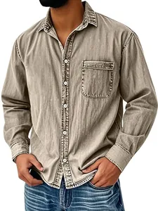 Men's retro washed khaki denim shirt in American workwear style with long sleeves