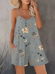 Women's casual gray floral print spaghetti strap romper with functional side pockets