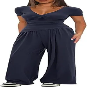 Western-style navy blue two-piece leisure set with V-neck top and wide-leg pants