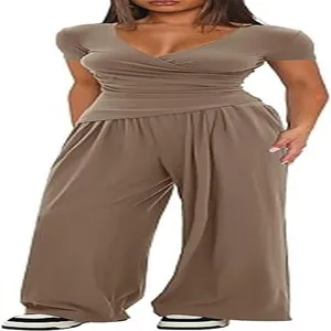 Detail view of a women's taupe casual set featuring a V-neck wrap top and wide pants