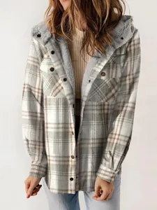 Women's loose plaid hooded jacket with thick fleece lining for autumn and winter