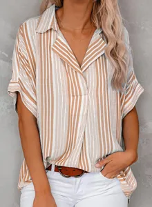 Detailed close-up of a vertical striped Polo shirt featuring a V-neckline and lapel collar
