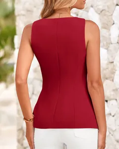 Back view detail of slim fit dark red sleeveless vest-style top for women