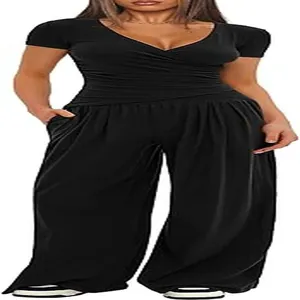 Women's black 2-piece casual set featuring V-neck short sleeve top and wide-leg trousers