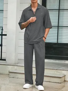 Full detailed view of men's grey casual set featuring textured shirt and matching trousers