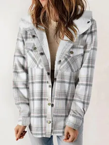 Women's cozy plaid fleece-lined hooded jacket in white and grey checkerboard pattern