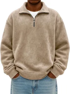 Detailed view of men's vintage wash half-zip sweatshirt with oversized fit and lapel collar