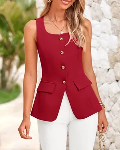 Front view of women's red slim-fit square neck sleeveless vest with gold buttons
