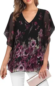 Elegante chiffon blouse met V-hals, bloemenprint en vlindermouwen voor modebewuste dames