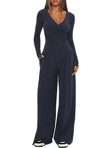 Women Casual Long Sleeve V Neck Wrap Top And Wide Leg Pants Top And Bottom Solid Color Polyester Spandex Lounge Outfits