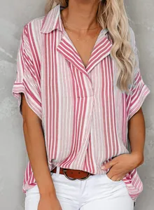 Macro detail of the stylish red and white vertical striped V-neck Polo shirt with short sleeves
