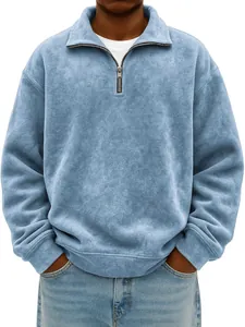 Men's half-zip washed sweatshirt in light blue, loose casual fit details