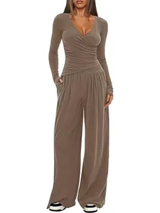 Elegant women's 2-piece lounge set with V-neck wrap top and wide-leg pants in taupe