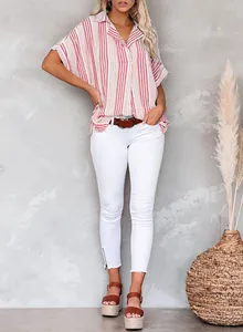 Striped V-neck Polo shirt styled with white skinny jeans and platform sandals outfit