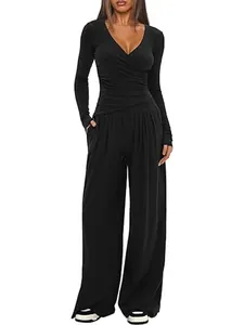 Women's chic black two-piece lounge set with V-neck wrap top and wide-leg trousers