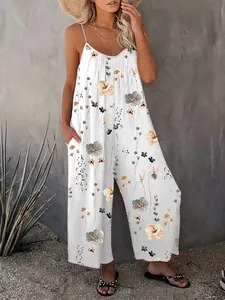 Detailed view of women's sleeveless floral jumpsuit with a loose wide-leg silhouette