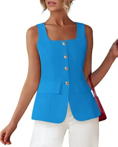 Close-up detail of a bright blue sleeveless square-neck vest with elegant gold buttons