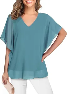 Elegante groenblauwe chiffon blouse met V-hals en modieuze vlindermouwen voor dames
