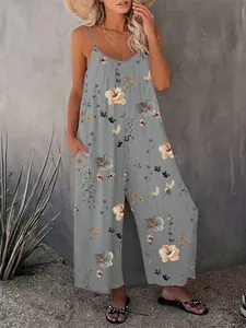 Grey floral spaghetti strap wide-leg jumpsuit for women's summer vacation style