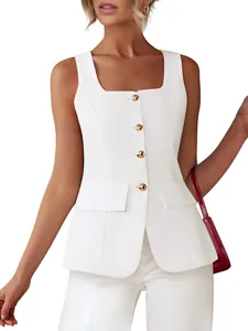 Women Square Neck Sleeveless Vest Top Single Breasted Slim Fit Sexy Fashion Waistcoat Elegant Commuter Polyester Tank Top