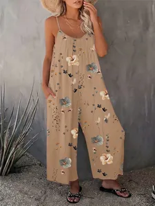 Stylish boho floral print wide-leg jumpsuit featuring spaghetti straps and pockets