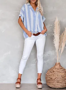Stylish women's blue and white striped V-neck Polo shirt with half sleeves for summer