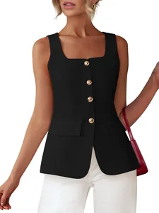 Elegant black sleeveless vest top with square neck and decorative gold buttons for women