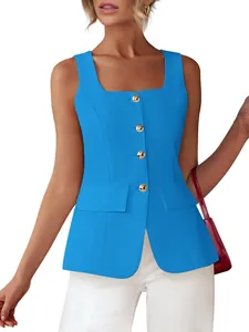 Elegant slim fit bright blue square neck sleeveless vest top featuring gold buttons