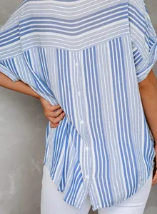 Detailed back view of a blue and white striped blouse with buttons and half sleeves.