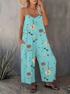 Stylish light blue floral print sleeveless jumpsuit with wide legs and side pockets